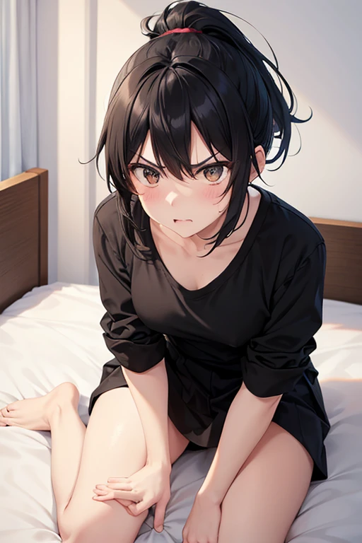 masterpiece, best quality, extremely detailed 8K wallpaper, solo, one boy, femboy, feminine man, submissive, bedroom, on bed, looking up at camera, brown eyes, black hair, shirtless, boxers, on knees, kneeling, sweaty, blushing, blush, male, young man, femboy, short black hair, short hair, man, one man, solo man,