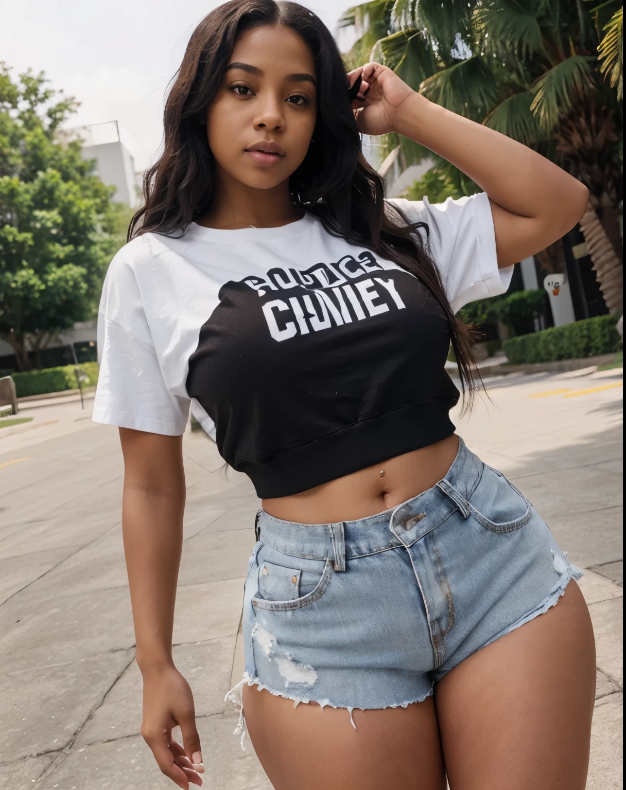 um close up de uma mulher de saia curta e camiseta, adolescente negra, pele bronzeada uma camiseta e shorts, usando um top cropped sexy, mulher jovem negra, photo shoot, pele escura, her navel is exposed, com corte rasgado t - camisa, 2 Modelo feminina de 4 anos, usando um top cropped, lindo modelo jovem