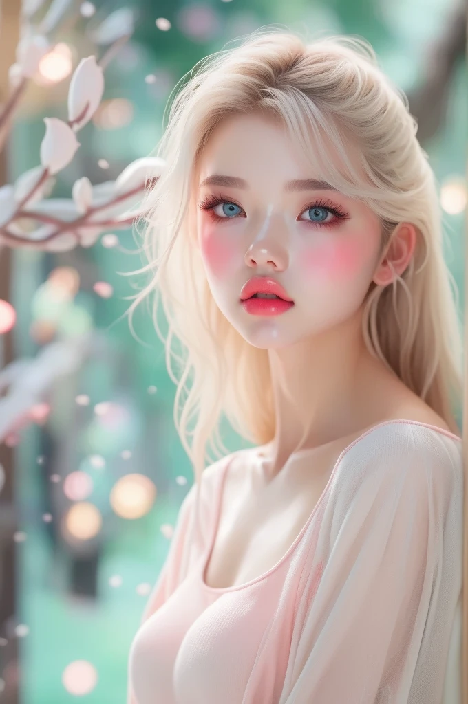 (detailed), studio lighting, hyper detailed, realistic portrait, Perfect Face.1  girl, 、Blue eyes with well-defined double eyelids and long eyelashes, in the white snow backdrop, realistic face, detailed skin, ピンクblond long bob hair 、bangs covering forehead, extremely detailed lips, large mouth, full, plump, glossy light pink lips, natural-looking makeup, transparent lip gloss, with off-shoulder mini summer dress, photorealistic, ((Best Quality)), ((masterpiece)), high quality, 8k, masterpiece