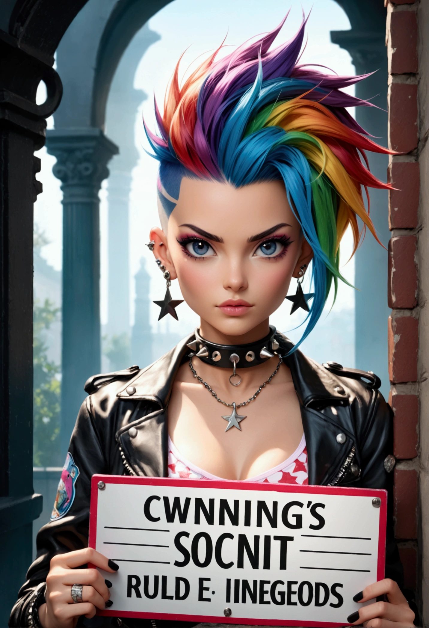 score_9, score_8_up, score_7_up,
(full portrait photography:1.3),absurdres Barbie mugshot, holding, nameplate, holding sign, letterboxed, looking at viewer, mugshot, english text,Punk woman with vibrant mohawk,rainbow hair, Rule of thirds composition, Hair styled in tall colorful crest,Shaved sides with black star patterns,facial piercings,Metal ear gauges, Black spiked collar, Leather jacket with studs,red bra,open denim shorts,unzip shorts,Defiant side-glance, Bright left-side lighting, Strong shadows, Highlights on colored hair, Captured with Canon EOS R5, 85mm f/1.2 lens, High dynamic range, Rich details, Enhanced contrast.amazing quality, ultra realistic, 3D, HD, best quality, amazing quality, very aesthetic,