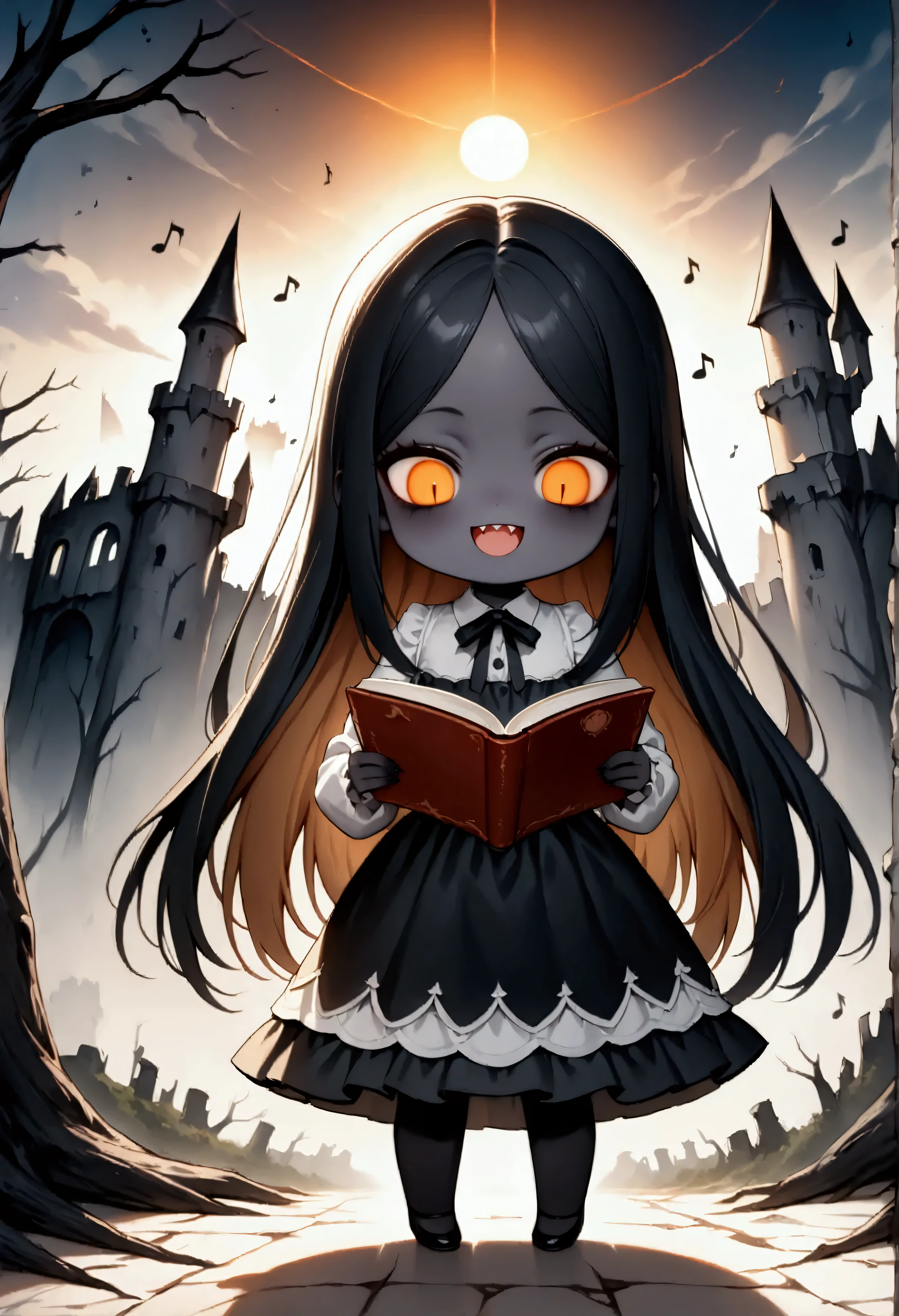 dark filter,,(solo:1.8),1girl\(devil girl,open mouth,sharp teeth,looking down, black long hair,string tie,open forehead, (beautiful straight hair:1.6),[bangs:2.0],[wave hair:2.0],orange eyes,(orange sclera:1.2),cute,(reading book), (smile:1.2),(colorful) music notes,(dancing:1.3),white shirts,(black dress:1.5),(pure black skin:1.3),(chibi:1.3),slim,big eyes,looging up\), background\((dead trees:1.3),(ruined castle in distance:1.4)\), cute horror fantasy, disney-style horror, effects,oil painting style, traditional media, realistic,(horror mood:1.3), BREAK ,quality\(masterpiece, best quality,8k,wallpaper of extremely detailed CG unit, high resolution, top-quality, top-quality real texture skin, hyper realistic, increase the resolution, RAW photos, best quality, highly detailed, the wallpaper,golden ratio,high saturation realism, vibrant colors, dramatic lighting, persuasive storytelling, atmospheric scenery, captivating visuals, intricate details, strong emotions,dreamlike world\),