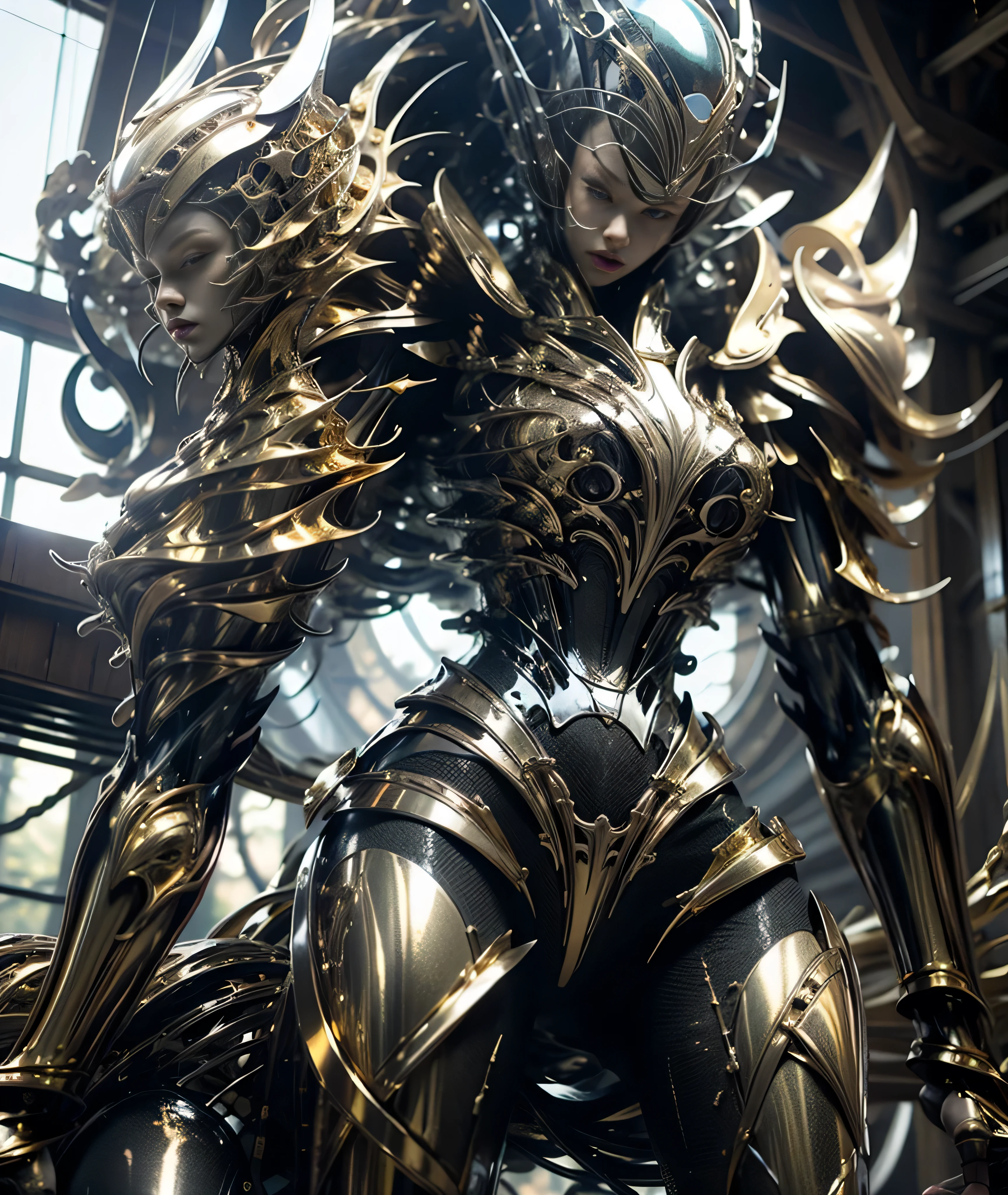 Korean girl in black and white futuristic mechanical armor with gold metallic details, body image, sitting legs up, legs open, very thick vagina shown, thick and muscular legs and arms, large breasts, semi-mechanical semi-human design, face korean girl, Spectacular bottom angle, cinematic lighting, intricate and highly detailed mechanical details, sharp focus, photorealistic, 8k, masterpiece, highly detailed and well defined face.