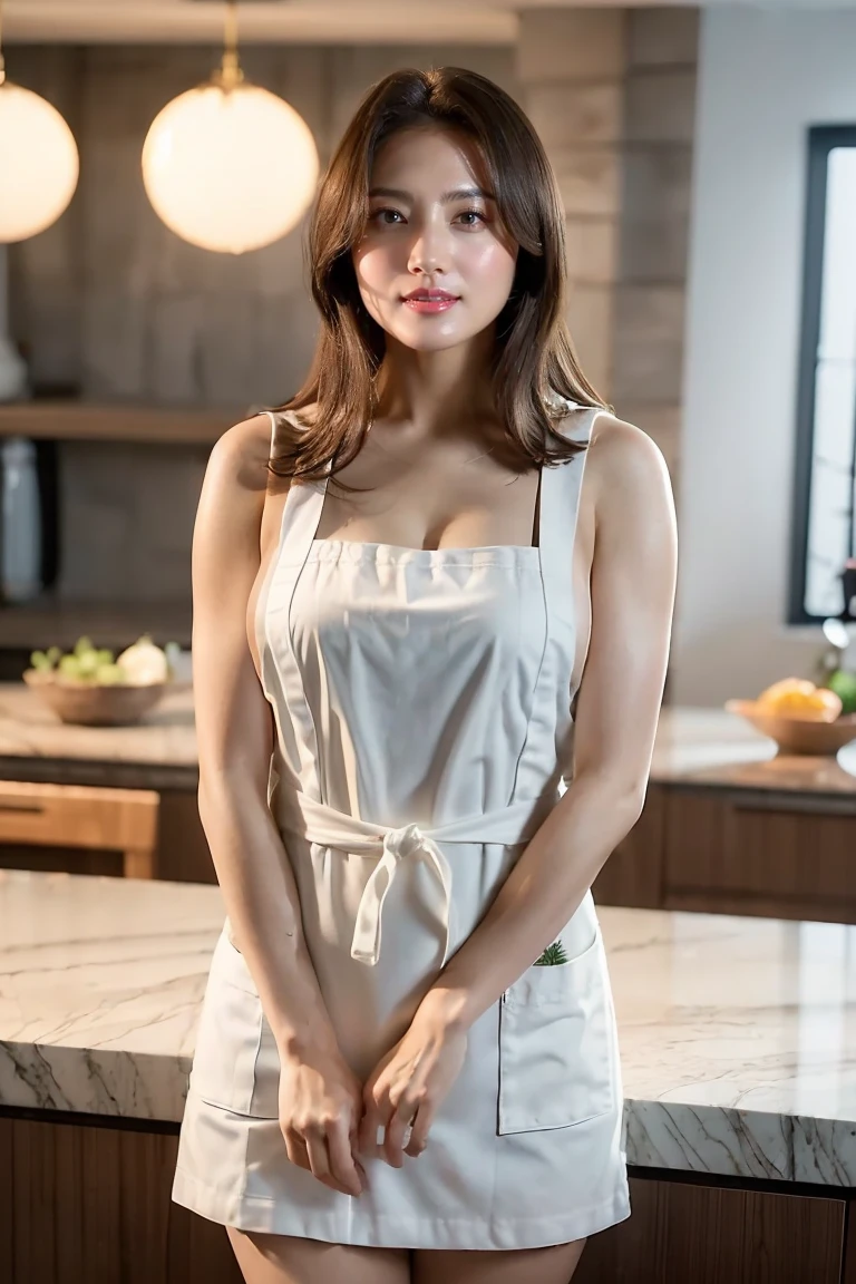 (Best Quality、Tabletop、8k、Highest quality、Award-winning works)、One beautiful mature woman、(Naked and wearing only an apron:1.3)、(The perfect short mini apron:1.3)、Perfect beauty portrait、Glowing Skin、Brown Hair、(Large Breasts:1.3)、(Accentuate your body lines:1.1)、Standing gracefully、Seductive and sexy look、(Sensual and sexy pose:1.3)、(The most elegant and perfect kitchen background:1.5)、(Boldly exposes her beautiful breasts:1.5)、(Boldly exposes beautiful thighs:1.1)、(Boldly exposes her thick legs:1.1)、(Voluptuous body:1.2)、(Short apron:1.2)