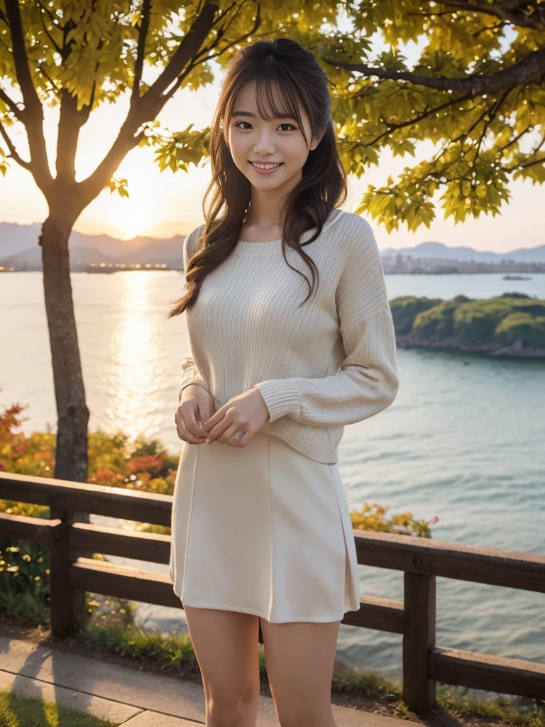 Full Body Shot, (Autumn Travel)
break, 
(Outfit for a walking date:1.2), 
break, 
View your viewers, Japanese female university student, (One Woman:1.2), She is very beautiful, Glowing Skin, Perfect Face, Cute and symmetrical face, Slender figure, 
break, 
((Updo:1.2)), Medium Hair, Wavy Hair, Makeup, 
break, 
((Standing in a park with a view of the sea:1.2)), (Night view), (Captivating smile:1.2), (8k, RAW Photos, Best Quality, masterpiece:1.2), (Realistic, Photorealistic:1.4), Very detailed, Shallow depth of field, Beautiful Hair, Beautiful Face, Beautiful attention to detail, Real Skin, Beautiful fingers, Perfect Anatomy, Perfect legs, Perfect hands, Perfect Eyes, Perfect body, double eyelid, (Natural Side Lighting, Cinema Lighting), 