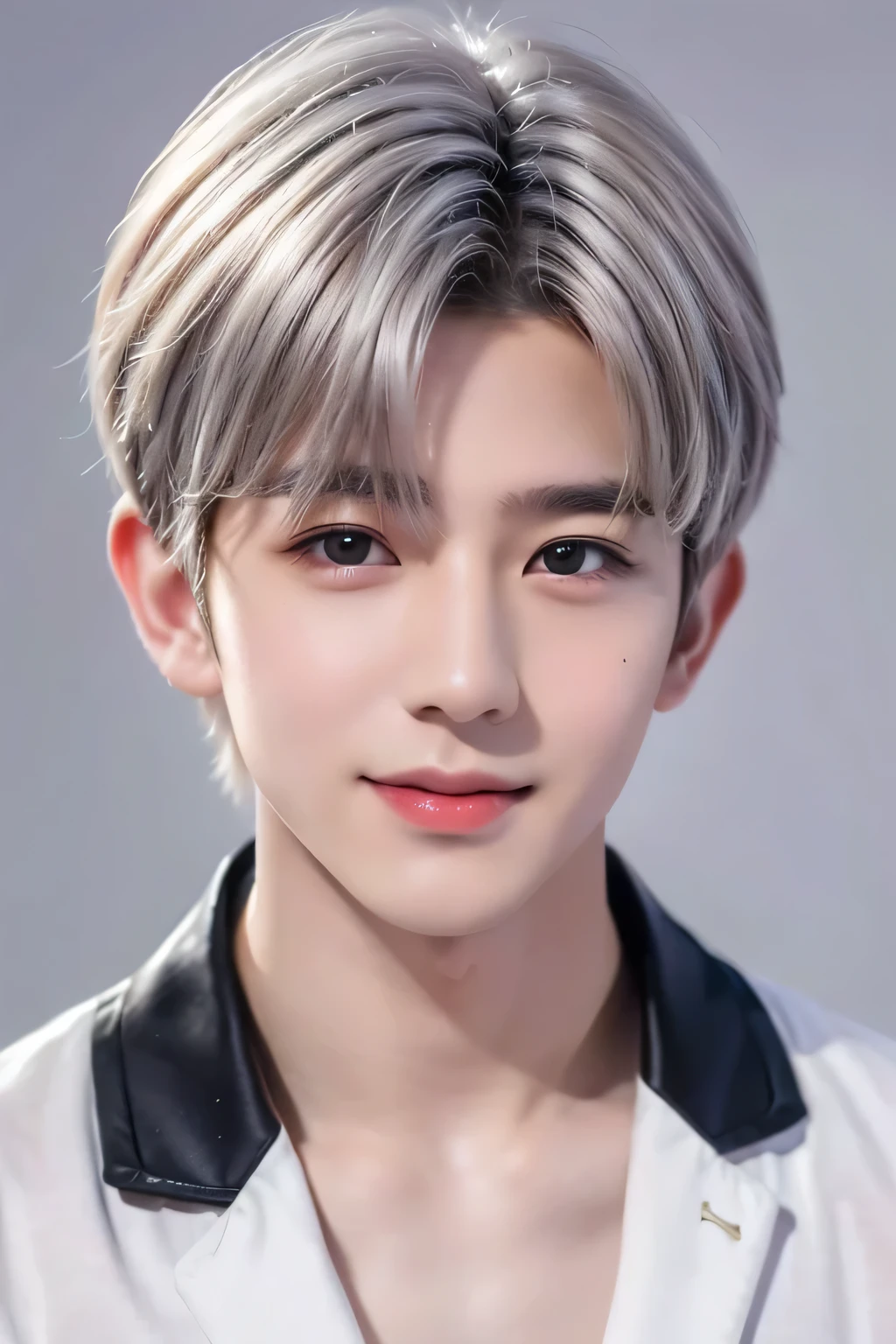1 male、8K、Best Quality、masterpiece、(head shot)、(Simple Background)、(Wearing dog ears:1.23)、Short Hair、White Hair、(Realistic skin texture:1.1)、Half Smile