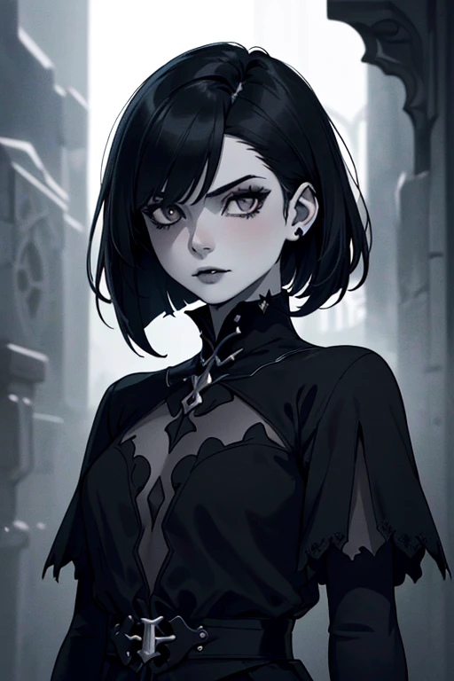 Slim gothic woman with short straight black hair, black eyes and wearing gothic clothing 