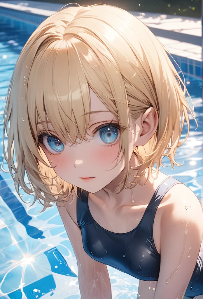 (nsfw:1) short stature best_quality hair streaked pink summer blonde full body loli small tits  girl future thigh high cute child body shape masterpiece plain clothes anime 1girl medium hair {{{cameltoe}}} hair over one eye school swim suit beautiful eyes detailed eyes