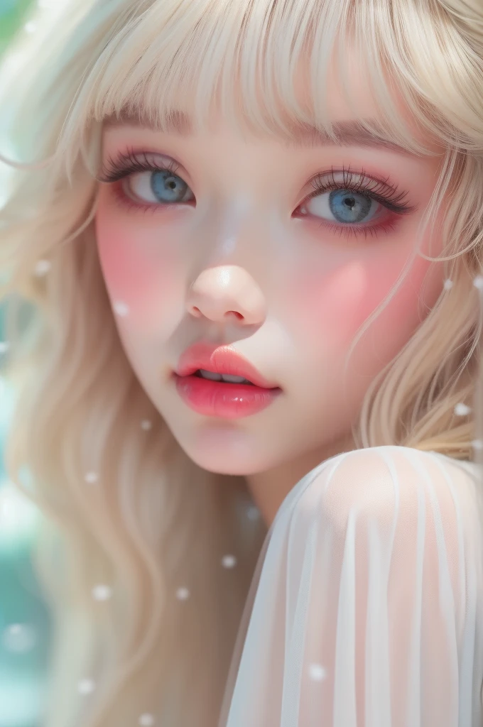 (detailed), studio lighting, hyper detailed, realistic portrait, Perfect Face.1 teenage girl, 、Blue eyes with well-defined double eyelids and long eyelashes, in the white snow backdrop, realistic face, detailed skin, ピンクblond long bob hair 、bangs covering forehead, extremely detailed lips, large mouth, full, plump, glossy light pink lips, natural-looking makeup, transparent lip gloss, with off-shoulder mini summer dress, photorealistic, ((Best Quality)), ((masterpiece)), high quality, 8k, masterpiece