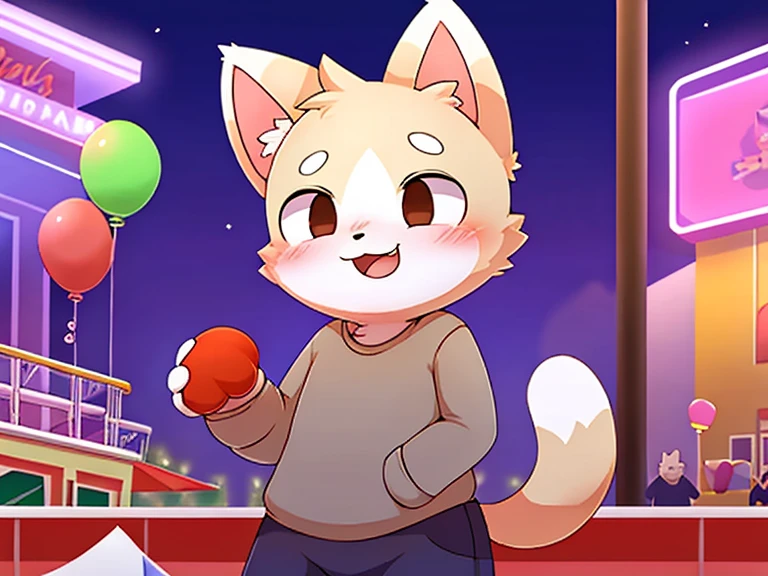 Cute white cat amusement park background holding a balloon 