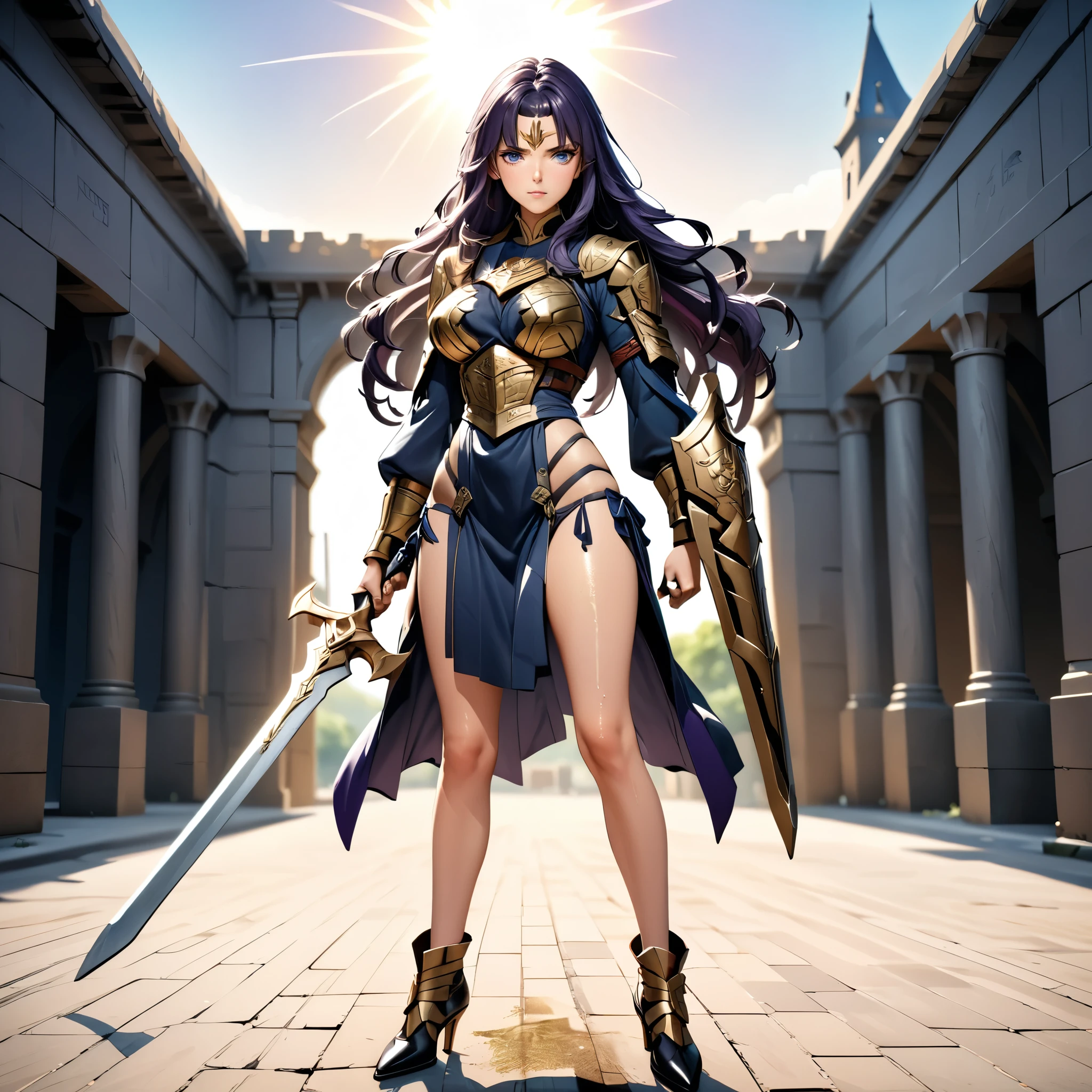 Masterpiece, 4k, HDR, full HD, (best quality), (ultra detailed), (only), (extremely delicate and beautiful fabric), super complex ANIME TYPE, best quality, 1girl, very expressive eyes, deep purple hair , hyper beautiful face, purple hair, perfect anatomy, shiny, oily skin, full body, alone (shiny purple hair, long hair), looking at viewer, bright blue eyes, perfect hands, perfect legs, super detailed clothes, intricate clothes, In an RPG world full of challenges, a girl warrior defender stands firmly on the battlefield. He wears heavy steel armor with gold engravings, designed for both endurance and mobility. His shield, large and adorned with emblems of his kingdom, reflects the brilliance of the sun as he raises it to protect his allies. In his other hand, he holds a sturdy sword firmly, ready for any threat. Around him, the chaos of battle rages, but his stance is unwavering. With determined eyes and set jaw, he becomes an impenetrable wall between his comrades and the enemy, defying all that comes with courage and loyalty.