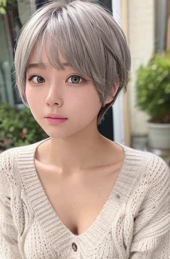 Third year university student、Silver Hair、Loose perm、Pixie Cut、double eyelid、Droopy eyes、Beauty、beautiful、kind、Collarbone-revealing knitwear