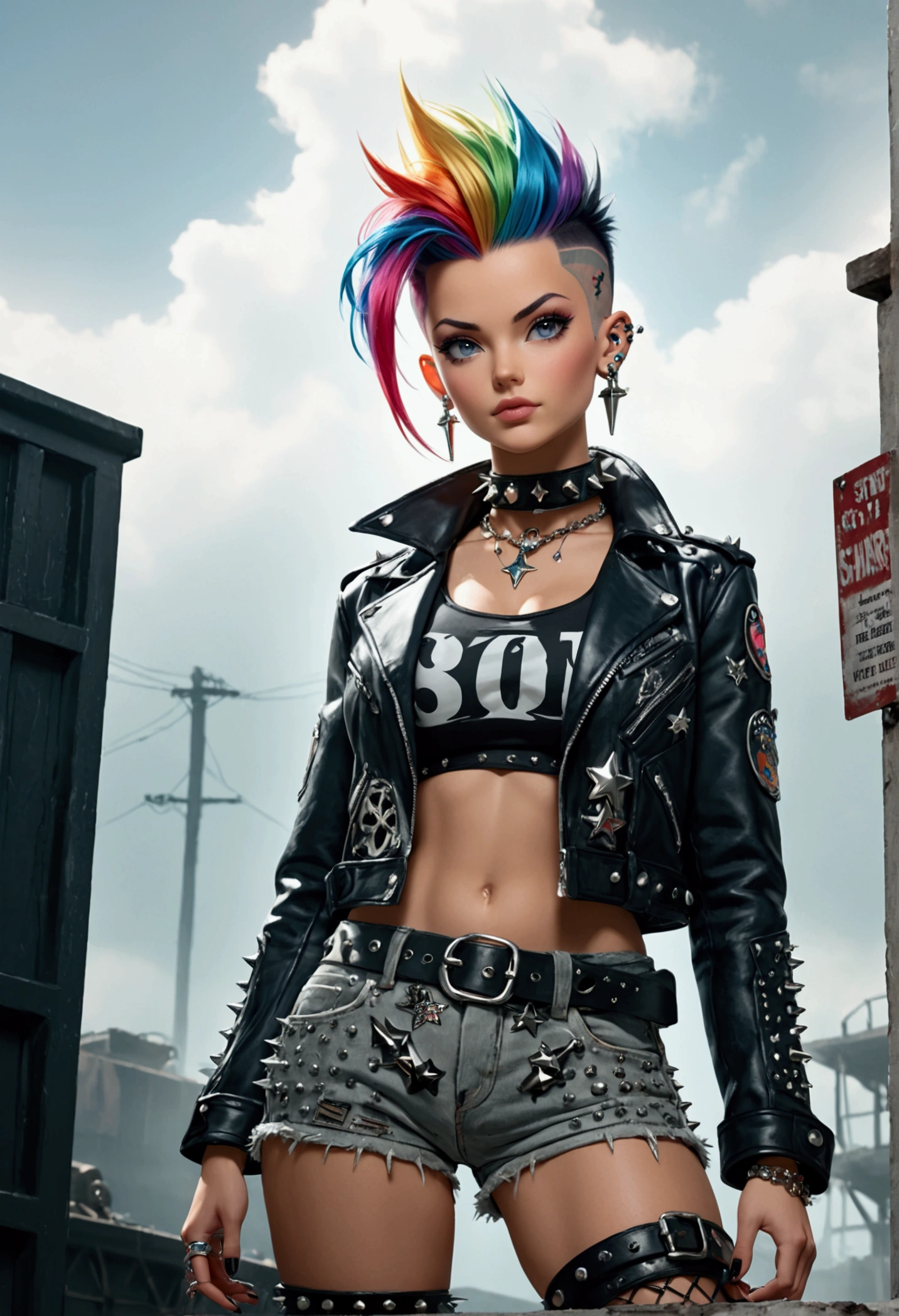 score_9, score_8_up, score_7_up,
(full portrait photography:1.3),absurdres Barbie mugshot, holding, nameplate, holding sign, letterboxed, looking at viewer, mugshot, english text,Punk woman with vibrant mohawk,rainbow hair, Rule of thirds composition, Hair styled in tall colorful crest,Shaved sides with black star patterns,facial piercings,Metal ear gauges, Black spiked collar, Leather jacket with studs,red bra,open denim shorts,unzip shorts,Defiant side-glance, Bright left-side lighting, Strong shadows, Highlights on colored hair, Captured with Canon EOS R5, 85mm f/1.2 lens, High dynamic range, Rich details, Enhanced contrast.amazing quality, ultra realistic, 3D, HD, best quality, amazing quality, very aesthetic,