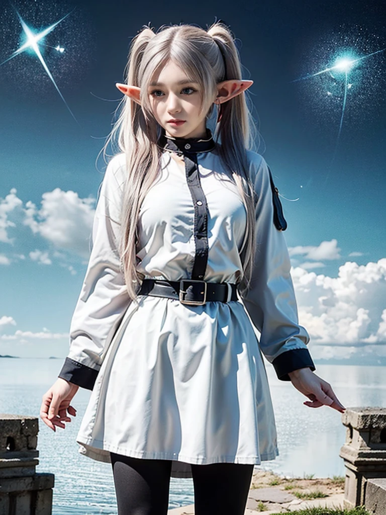 (Original Character, Unity 16K Wallpaper, masterpiece, Best Quality, Ultra-detailed, extremely details CG, Caustics, Cinematic lighting, Detailed, Beautiful detailed eyes, Solo, Oily skin), Ultra High Resolution, Fine skin, (strong lights), ((Brighten the subject)), Cute dwarf girl, White pink hair with very long messy hair, crystal hair ornament, Big eyes with tareme, sparkling brown eyes, pointy ears,  with thighs, Brown poncho, White atelier, crystal accessories, cute smile, holding hammer, inside cave,
