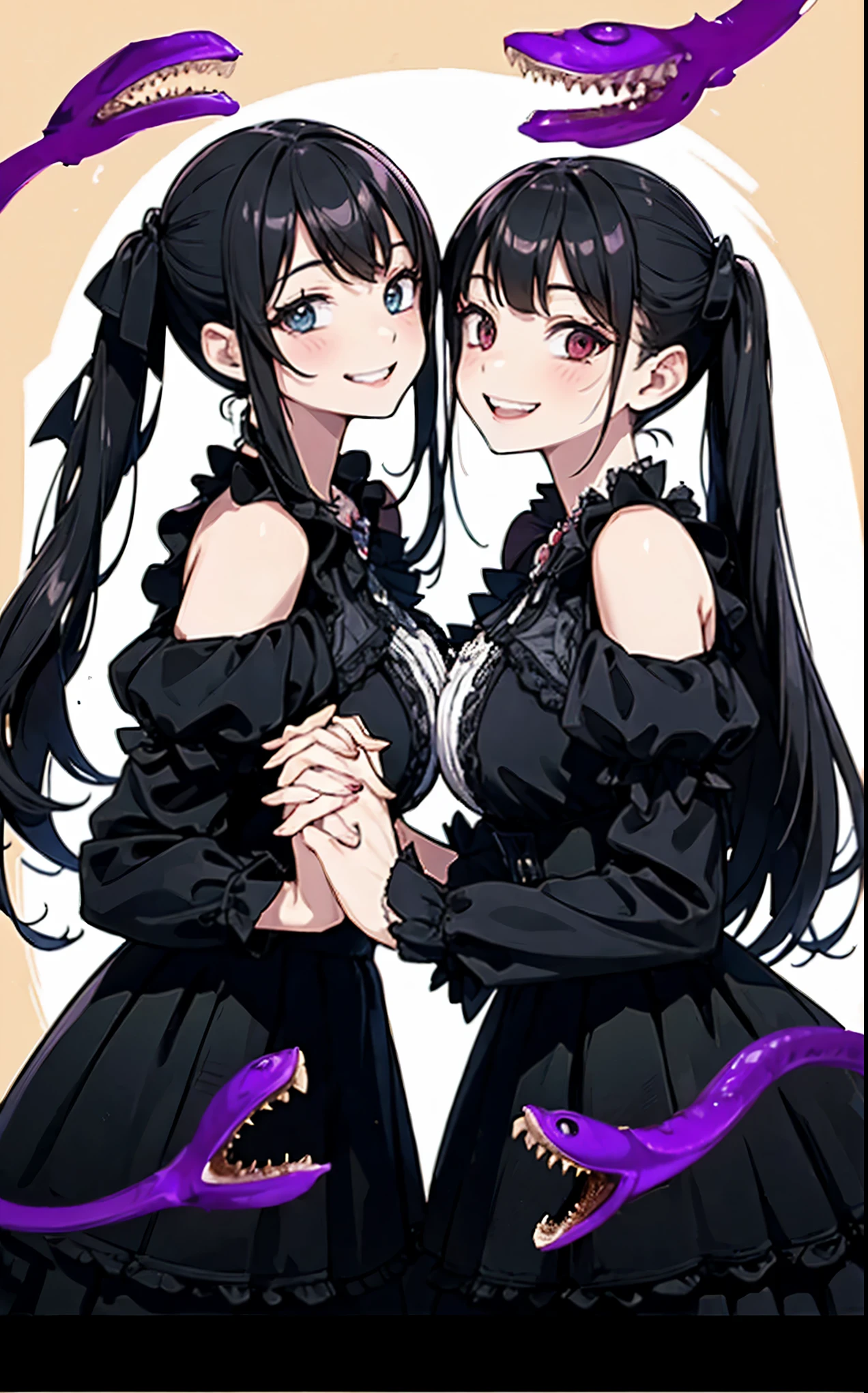 Twins. Holding hands. Nestle. Gothic costumes. Grinning. Evil Smile. Tentacles with teeth. Bust-up.