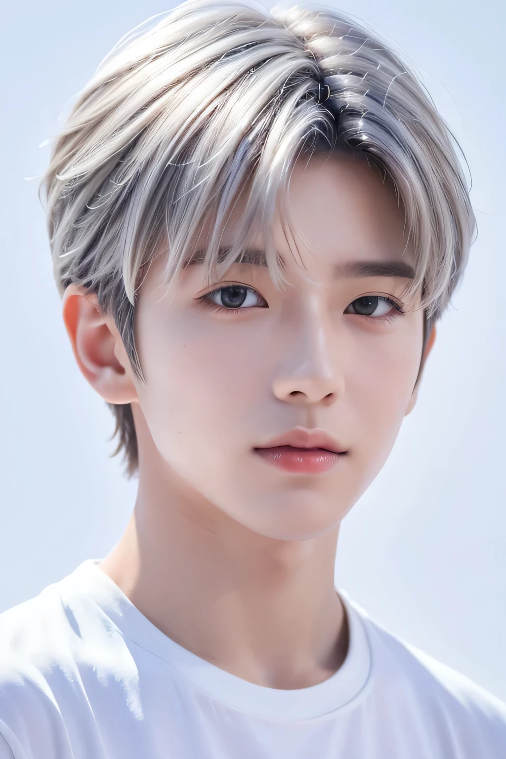 1 male、8Ｋ、Best Quality、masterpiece、(head shot)、(White simple background)、、Short Hair、White Hair、(Realistic skin texture:1.1)、Side Shot