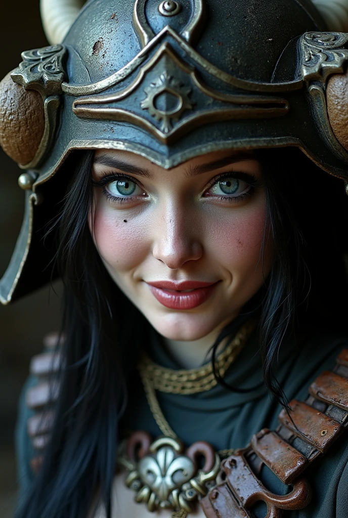 anie as a samurai warrior, cinematic, dirty, smile, close up portrait, viking armature and helmet 