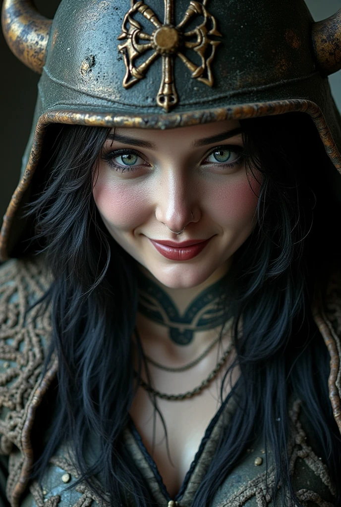 anie as a samurai warrior, cinematic, dirty, smile, close up portrait, viking armature and helmet 