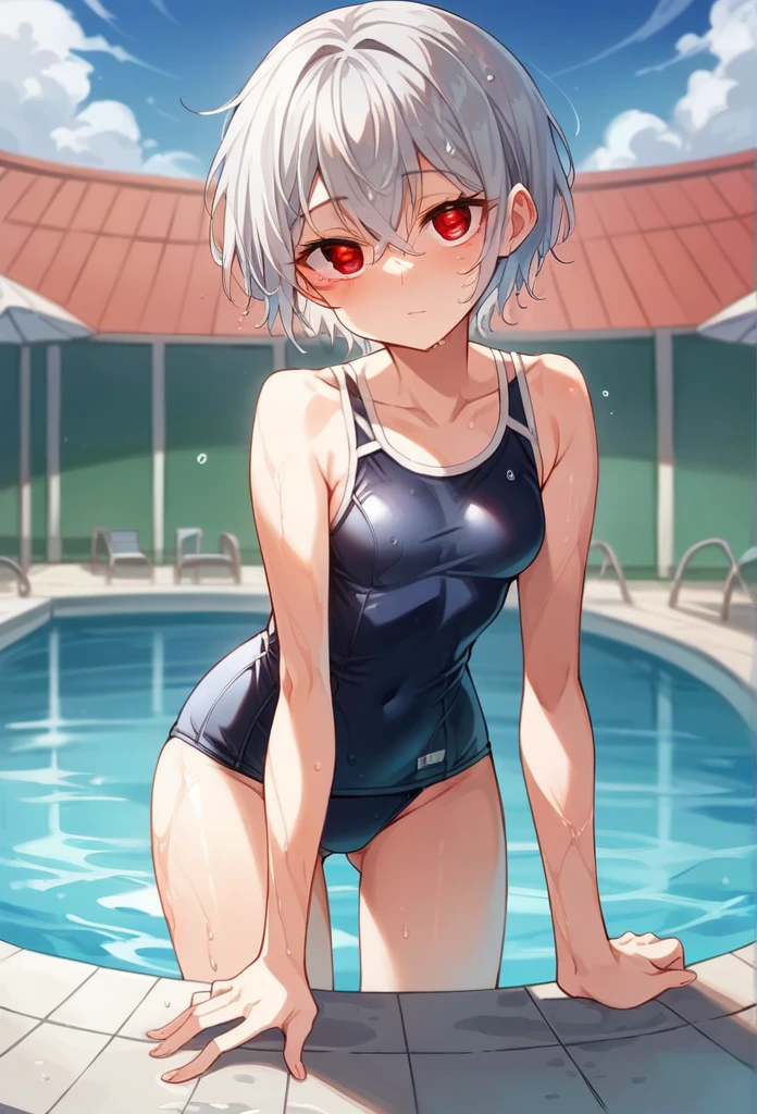 Youmu,flat chest,Navy one-piece school swimsuit,cowboy shot、、sitting、spread legs、between legs、smile、