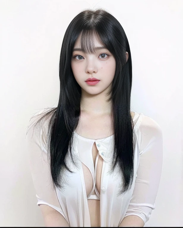 a close up of a woman with long black hair wearing a necklace and blue like eyes, she has black hair with bangs, black hime cut hair, long hair with bangs, neat hair with bangs, long black hair with bangs, ulzzang, the hime cut, long hair with full bangs, long straight bangs, long dark hair with bangs, white hime cut hairstyle, pale milky white porcelain skin, dollfie dream, anime barbie doll, detailed body and eyes, ball jointed doll, 🤤 girl portrait, hyper realistic aesthetic, small freckles, hyper realistic teenager, barbie doll, freckles!!!, detailed face, realistic, Físico : el abdomen más pequeño jamás visto, jisoo from blackpink, popular south korean makeup, quality detailed ,(beautiful makeup :1.2), Wide hips, big, big ass, (best quality, 8K, masterpiece: 1.3), Clear focus: 1.2, Perfect body beauty: 1.4, strong abs, Very detailed face and skin texture. , detailed eyes, double eyelids, (long hair), having very marked curves, with greater volume in ((breasts))