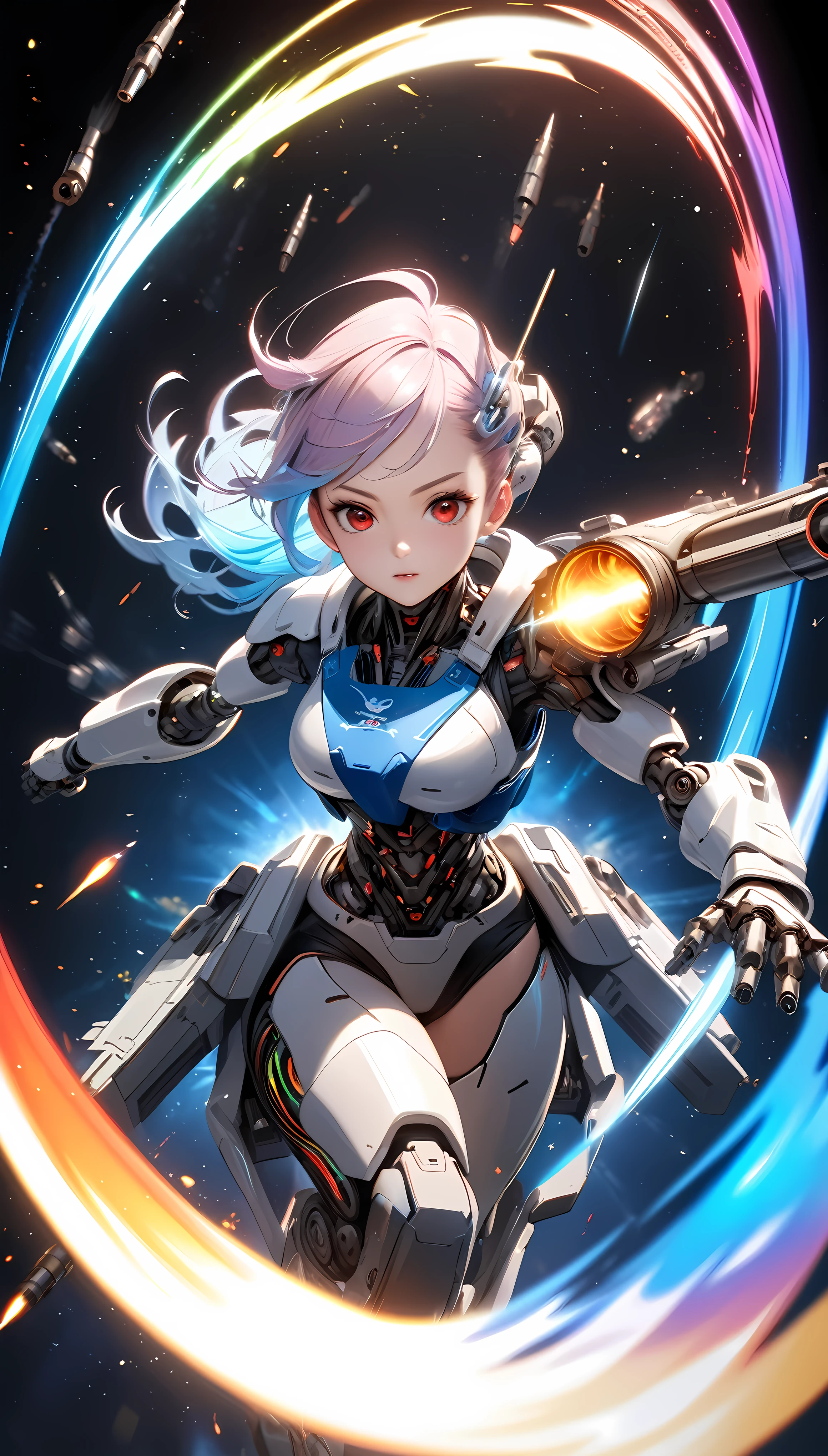 A girl with a robot style from head to toe,Short white hair with furry ears, White robot exterior, black mechanism insidea mechanical tail grows,All white with red eyes and lips、You can see the mechanism from the body, The sight of her being made on a factory line with sparks flying
