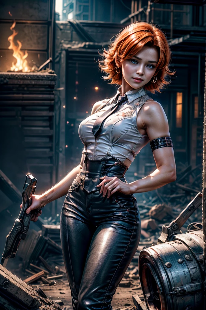 1girl,cowboy shot, beautiful (nora_valkyrie), looking at viewer, smile, lips, short hair, blue eyes, orange hair, hoop earring, black suit, pants, business clothes, black necktie, black nail, night, standing inside ruined  sport stadium, rubble, bonfire, soldiers on patrol,  crowd, best quality, masterpiece, intricate details, tonemapping, sharp focus, hyper detailed, masterpiece,stunning girlfriend, heart shaped face, elegant face, beautiful face, highly detailed face, highly detailed skin, skin pores, subsurface scattering, realistic pupils, looking at viewer, full lips, detailed background, depth of field, atmospheric perspective, volumetric lighting, sharp focus, absurdres, realistic proportions, good anatomy, (realistic, hyperrealistic:1.4), 16k hdr,