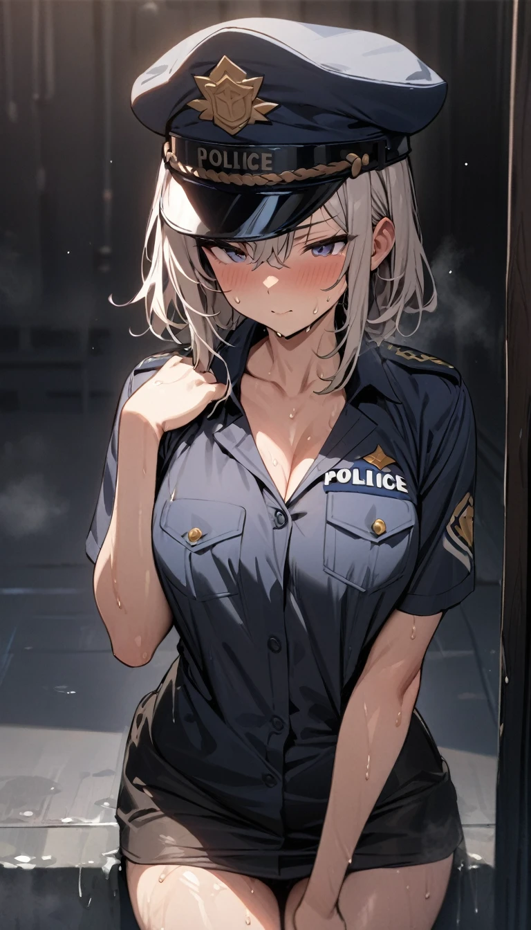 masterpiece, best quality, cowboy shot, <lora:CHAR-ValkyriePoliceStudent:1> ValkyriePoliceStudent, low twintails, police hat, ValkyriePoliceStudent, low twintails, police hat, police uniform, collared shirt, belt, blue skirt, blue necktie, gloves, seiza, from above, looking at viewer, arms behind head