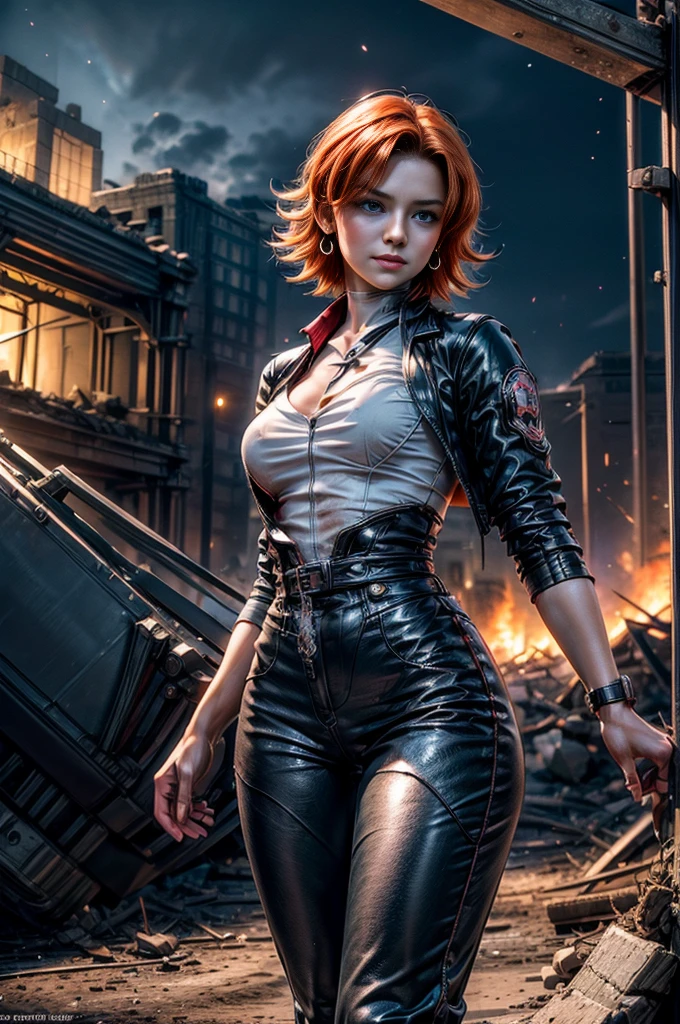 1girl,cowboy shot, beautiful (nora_valkyrie), looking at viewer, smile, lips, short hair, blue eyes, orange hair, hoop earring, black suit, pants, business clothes, black necktie, black nail, night, standing inside ruined  sport stadium, rubble, bonfire, soldiers on patrol,  crowd, best quality, masterpiece, intricate details, tonemapping, sharp focus, hyper detailed, masterpiece,stunning girlfriend, heart shaped face, elegant face, beautiful face, highly detailed face, highly detailed skin, skin pores, subsurface scattering, realistic pupils, looking at viewer, full lips, detailed background, depth of field, atmospheric perspective, volumetric lighting, sharp focus, absurdres, realistic proportions, good anatomy, (realistic, hyperrealistic:1.4), 16k hdr,