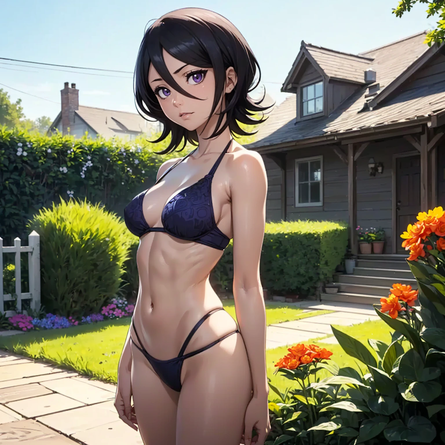 ((shiny eyes, 1girl, milf, standing, sexy pose, ((rukia, short hair, black hair, dark purple eyes, small bust, small breasts)), perfect face,  sharp focus, professional artwork, intricate details)), ((fitness,, shapely body, athletic body, toned body)), (( thong bikini, blue bikini, backyard, pool, garden, grass, bush, flowers,, house in the background, fence, smug ))