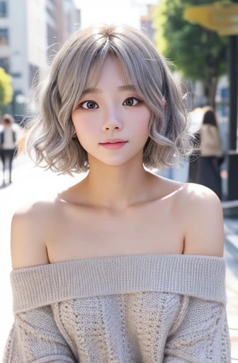 Third year university student、Silver Hair、Loose perm、Short Hair、double eyelid、Droopy eyes、Beauty、beautiful、kind、Off-the-shoulder knit