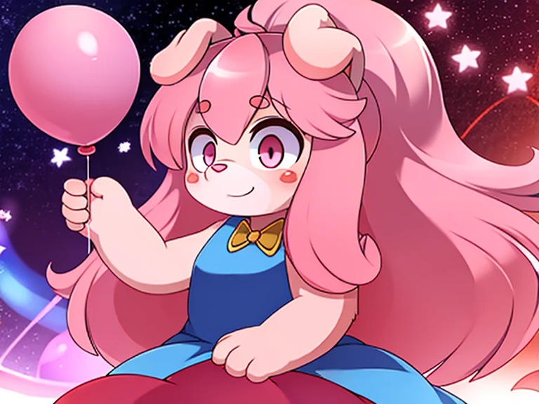 furry child cute pink dog pink hair pink eye pink nose long hair star on hair dress holding balloon background amusement park character 