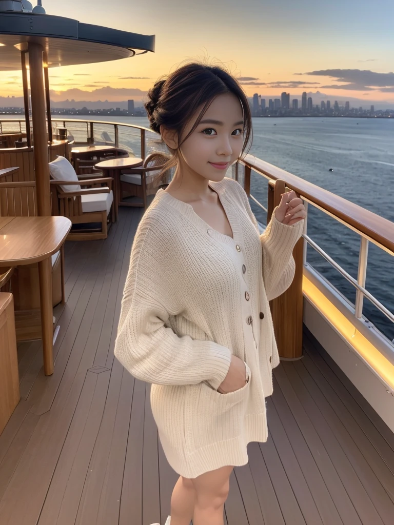 Full Body Shot, (Autumn Travel)
break, 
(Outfit for a walking date:1.2), 
break, 
View your viewers, Japanese female university student, (One Woman:1.2), She is very beautiful, Glowing Skin, Perfect Face, Cute and symmetrical face, Slender figure, 
break, 
((Updo:1.2)), Medium Hair, Wavy Hair, Makeup, 
break, 
((Standing on the deck of a luxury cruise ship with a view of the city at night:1.2)), (Night view), (Captivating smile:1.2), (8k, RAW Photos, Best Quality, masterpiece:1.2), (Realistic, Photorealistic:1.4), Very detailed, Shallow depth of field, Beautiful Hair, Beautiful Face, Beautiful attention to detail, Real Skin, Beautiful fingers, Perfect Anatomy, Perfect legs, Perfect hands, Perfect Eyes, Perfect body, double eyelid, (Natural Side Lighting, Cinema Lighting), 