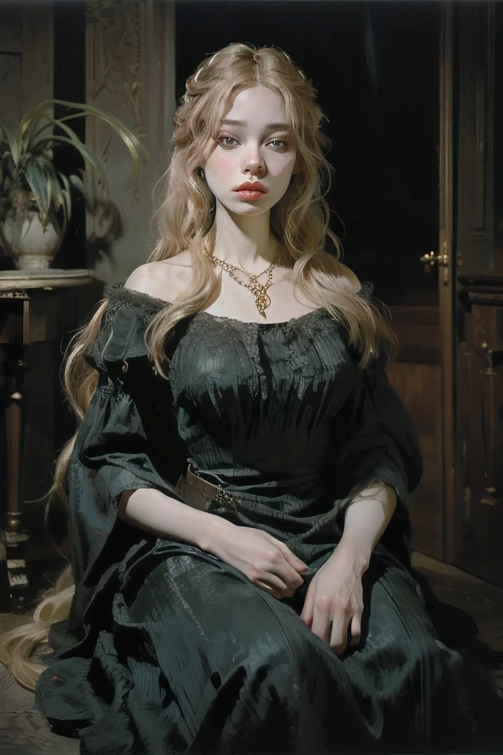 classical painting, ((PORTRAIT: 1.3)), a girl in a noble dress, a silk dress of the Gothic style, (Gothic evening dress: 1.3), a young girl 25 years old, pale skin, slender, monochrome image with accent color, red ruby necklace, ((solo)), ((masterpiece)),((high resolution)),((best quality)), extremely fine and beautiful, super fine illustration, (realistic skin), (insanely detailed anime eyes), vivid and beautiful, shocking sensation, incredibly detailed, photorealistic, (realistic skin), (insanely detailed anime eyes), (green eyes), (luscious lips), realistic eyes, professional, realistic face, (lithe, voluptuous), (medium plump breasts:0.8), (plump thighs:0.7), (thin waist:1.0), character concept art, movie lighting, weighted shadows, ((very long weighted blonde hair)), long braided hair, beautiful detailed girl, front view, facing at viewer, (green eyes:1.2)), profile, movie lighting, perfect shadow, realistic lighting shaded, medieval brothel scenery