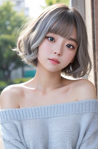 Third year university student、Silver Hair、Loose perm、Short Hair、double eyelid、Droopy eyes、Beauty、beautiful、kind、Off-the-shoulder knit、light blue