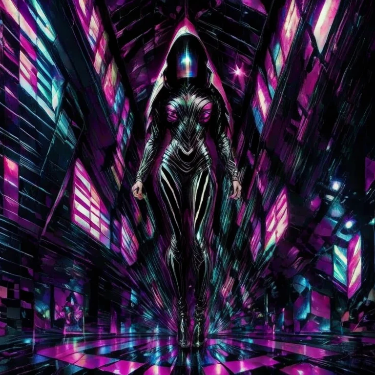 a cyber punk female standing in front of a futuristic cityscape