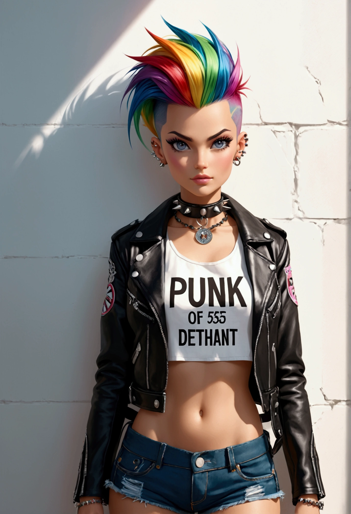 score_9, score_8_up, score_7_up,
(full portrait photography:1.3),absurdres Barbie mugshot, holding, nameplate, holding sign, letterboxed, looking at viewer, mugshot, english text,Punk woman with vibrant mohawk,rainbow hair, Rule of thirds composition, Hair styled in tall colorful crest,Shaved sides with black star patterns,facial piercings,Metal ear gauges, Black spiked collar, Leather jacket with studs,red bra,open denim shorts,unzip shorts,Defiant side-glance, Bright left-side lighting, Strong shadows, Highlights on colored hair, Captured with Canon EOS R5, 85mm f/1.2 lens, High dynamic range, Rich details, Enhanced contrast.amazing quality, ultra realistic, 3D, HD, best quality, amazing quality, very aesthetic,