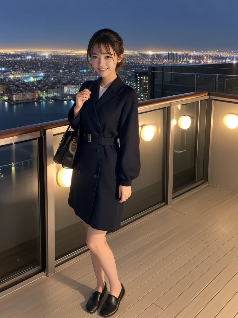 Full Body Shot, (Autumn Travel)
break, 
(Outfit for a walking date:1.2), 
break, 
(View your viewers), Japanese female university student, (One Woman:1.2), She is very beautiful, Glowing Skin, Perfect Face, Cute and symmetrical face, Slender figure, 
break, 
(Updo:1.2), Medium Hair, Wavy Hair, Makeup, 
break, 
((Standing on the deck of a luxury cruise ship with a view of the city at night:1.2)), (Night view), (Captivating smile:1.2), (8k, RAW Photos, Best Quality, masterpiece:1.2), (Realistic, Photorealistic:1.4), Very detailed, Shallow depth of field, Beautiful Hair, Beautiful Face, Beautiful attention to detail, Real Skin, Beautiful fingers, Perfect Anatomy, Perfect legs, Perfect hands, Perfect Eyes, Perfect body, double eyelid, (Natural Side Lighting, Cinema Lighting), 