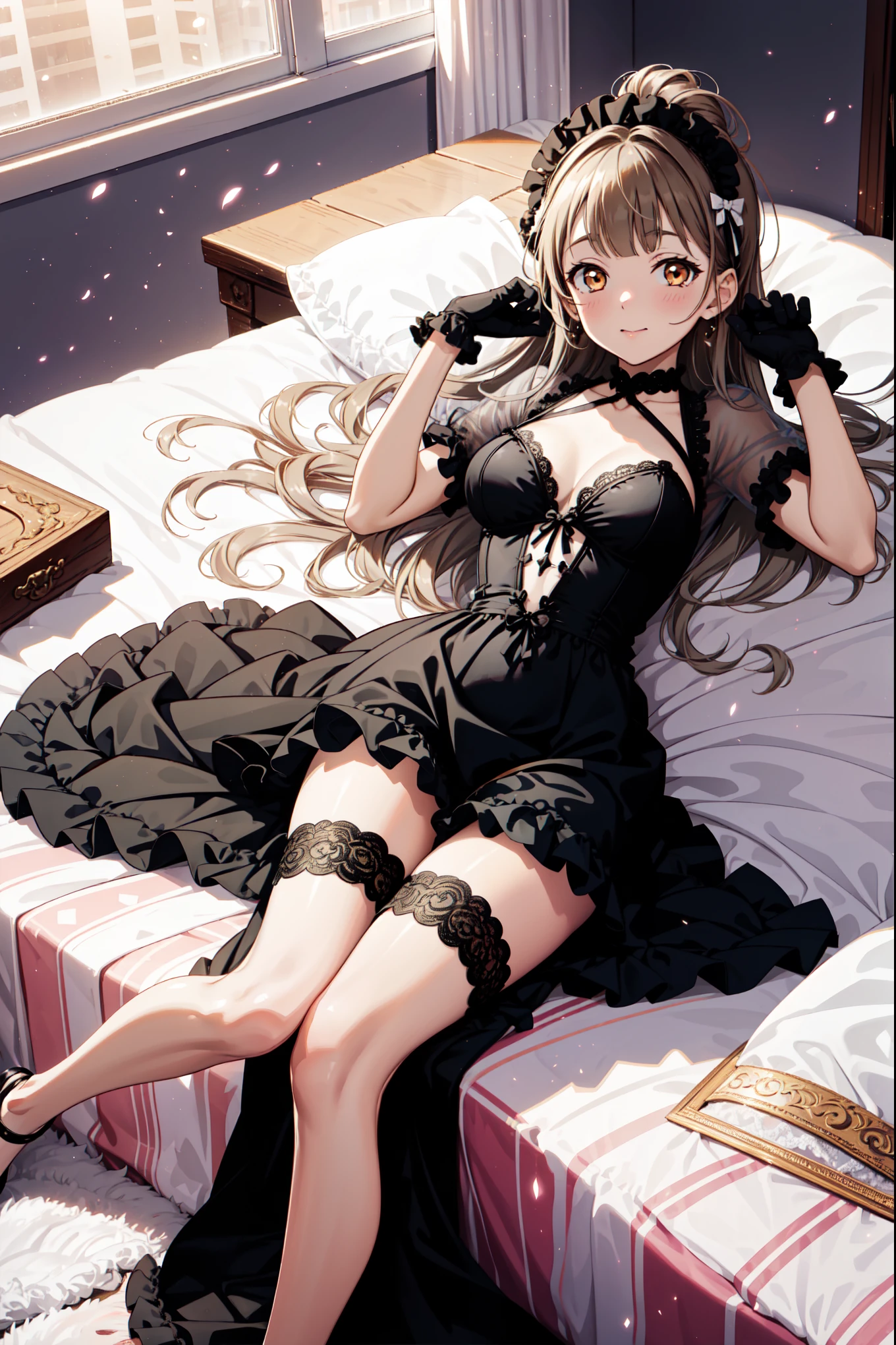 Modern Goddess,Yield Curve,Attractions,have fun,in love,(Wearing a gorgeous black laser-cut dress,Wearing stockings:1.2),Brown hair,Golden Eyes,in love,(Black Ruffle Bow Gloves),White hair,Sacred headdress,Transparent lace,Exquisite clothing,European bedroom,(night:1.1),Slender and beautiful face,Lying in bed,in love,Love influence,Correct leg placement