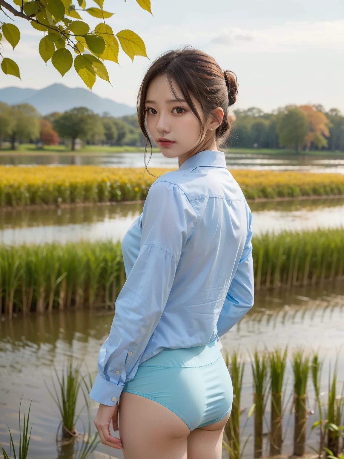 ((Best of the highest quality, 8k, Masterpiece: 1.3, raw photo)), Sharp focus: 1.2, (1 AESPA, slim body type female, 21 y/o: 1.1), (Solo: 1.2), (realistic, photo-realistic:1.37), face focus, cute face, finely eyes, (small breast, Thigh: 1.3), short messy hair, updo, (neat business shirt, panties: 1.4), garden, flower,