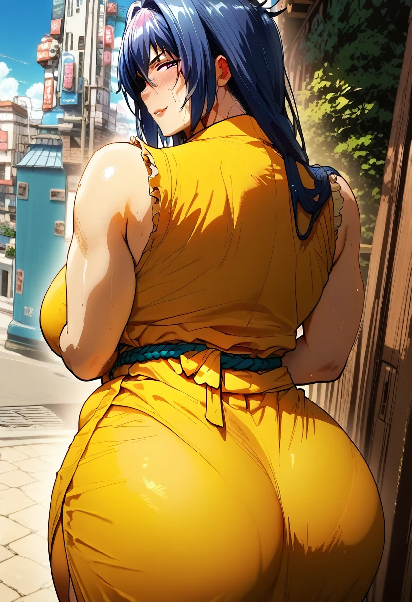 wide hips, breasts larger than torso, large areolas, huge areolas, heavy butt (thick thighs: 1.5), aki nijou, blue hair, purple eyes, long hair, wide hips, fit body, huge ass, fat ass, gigantic ass, hyper ass, bbw, 1 girl, pelvic curtain, japanese clothing, sleeveless, girdle, no bra, obi, smug expression, smile, blushing, fat, saggy abs, thick thighs, looking at viewer, focus on ass, sweat, realism, bubble butt, outdoors, in the city, detailed background,(( standing,))((from above, sideways, ))(( angle from above, head looking at viewer, looking at cam )), huge hips, thick thighs, bubble butt, perfect round ass, solo, focus on ass, giant ass