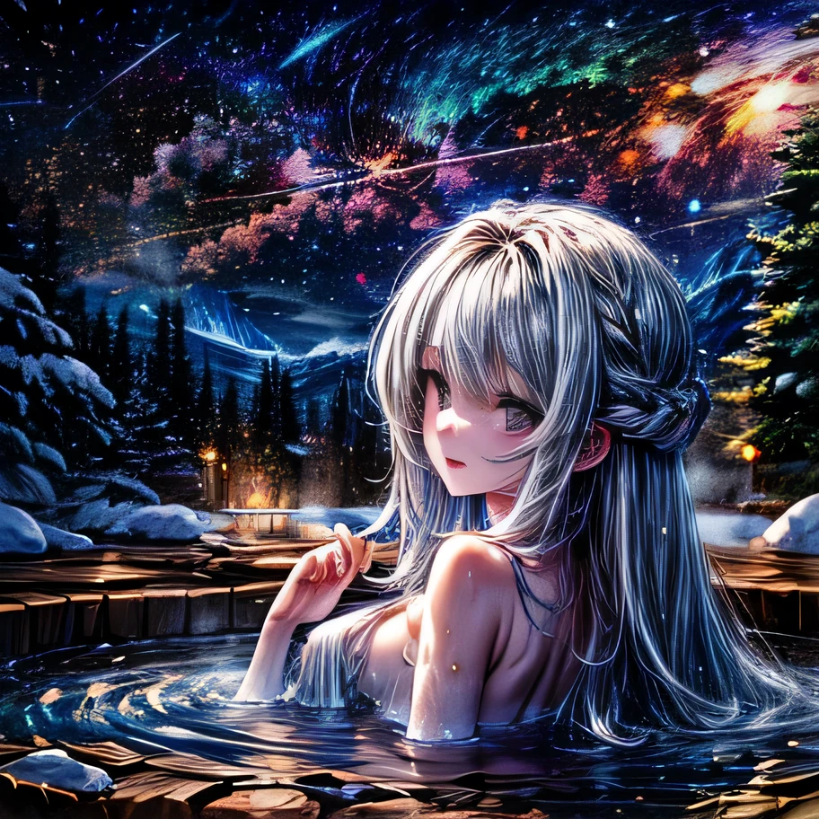 Eva　Shikinami Asuka Langley　Whole Person　　　Blonde long twintails　　hot spring　Milky Way Galaxy　Snow Scene　Completely naked