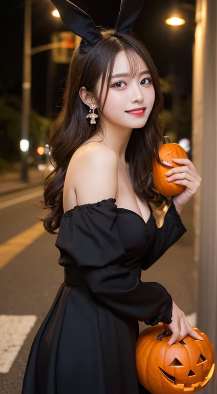 1 beautiful young girl, Super beautiful detailed face, shyly smile, (Beautiful small breasts),Black and orange witch costume:1.37, Orange Pencil Skirt, witch's hat, Semi-long hair, (Fine face:1.2), High quality, Realistic, extremely detailed CG unified 8k wallpaper, Highly detailed, High-definition raw color photos, Professional Photography, Realistic portrait, Cinematic Light, Beautiful detailed, Super Detail, high details, Art Book, (((Bokeh))), depth of fields, illumination, Neon Street, Evening city background, Evening glow, Ball bokeh, Super stylish lighting, halloween night, ((Sit with your legs spread between your chests,Slim thighs are visible,Angle looking down from above)), Pumpkin Lantern:1.3