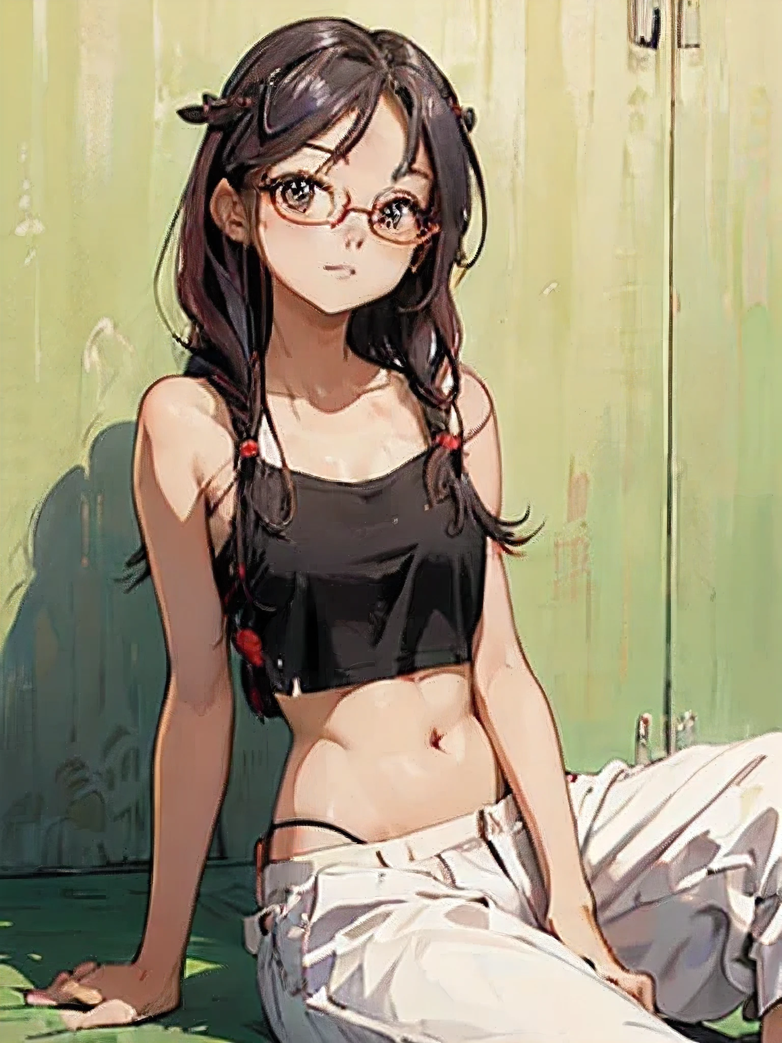 ((( character : teenager : Tzuyu : nerd : fit body : braided hair : glasses : : sitting ))) / sexy,sheet, black_legs, blush, breasts, collarbones, arms_crossed, medium_breasts, navel, nude, signature, sitting, solo, thighs, shirtless ,sexy pants