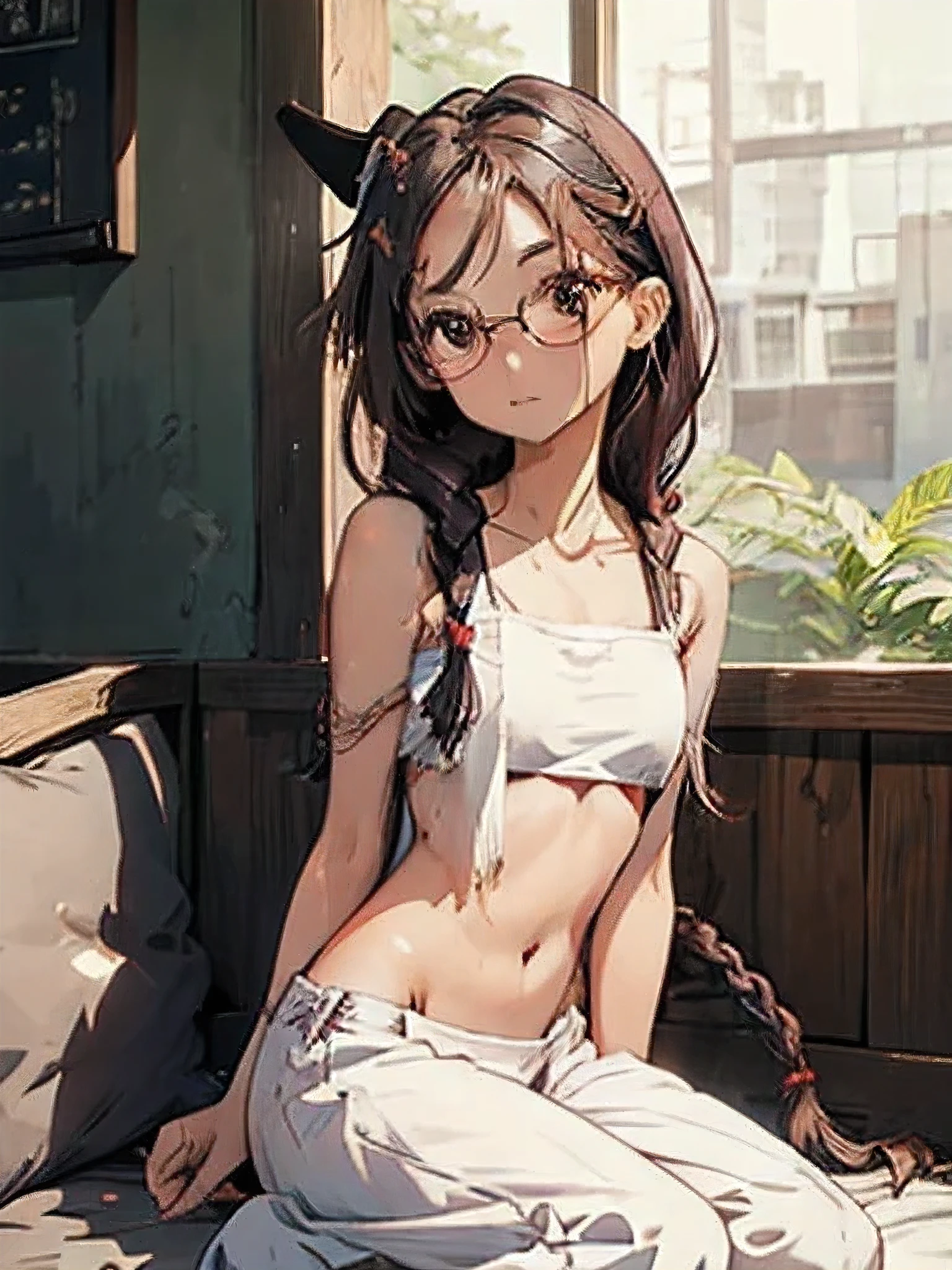 ((( character : ager : Tzuyu : nerd : fit body : braided hair : glasses : : sitting ))) / sexy,sheet, black_legs, blush, breasts, collarbones, arms_crossed, medium_breasts, navel, nude, signature, sitting, solo, thighs, shirtless ,sexy pants