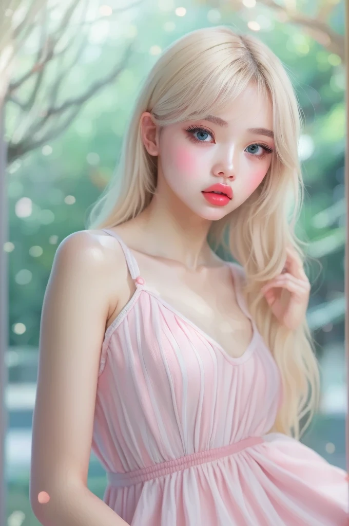 (detailed), studio lighting, hyper detailed, realistic portrait, Perfect Face.1 teenage girl, 、Blue eyes with well-defined double eyelids and long eyelashes, in the white snow backdrop, realistic face, detailed skin, ピンクblond long bob hair 、bangs covering forehead, extremely detailed lips, large mouth, full, plump, glossy light pink lips, natural-looking makeup, transparent lip gloss, with off-shoulder mini summer dress, photorealistic, ((Best Quality)), ((masterpiece)), high quality, 8k, masterpiece