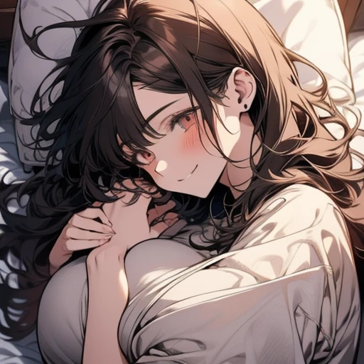 pov across bed,huge breasts, girl sleeping, male focus, a close up artwork of an anime character laying in a white bed, 1girl, solo,letterboxed, lying, under covers, blush, pillow, brown eyes, looking at viewer, smile, no headwear, brown hair, blue shirt, closed mouth, on bed,tomboy,mommy, big breasts, milf, elegant woman,ichiren_takushou