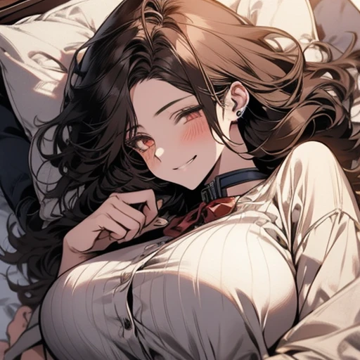 pov across bed,huge breasts, girl sleeping, male focus, a close up artwork of an anime character laying in a white bed, 1girl, solo,letterboxed, lying, under covers, blush, pillow, brown eyes, looking at viewer, smile, no headwear, brown hair, blue shirt, closed mouth, on bed,tomboy,mommy, big breasts, milf, elegant woman,ichiren_takushou