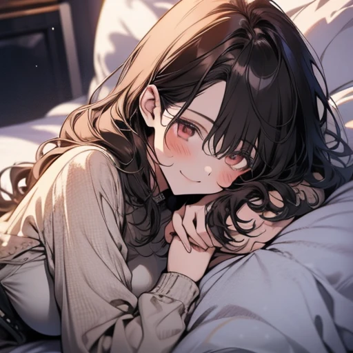 pov across bed,huge breasts, girl sleeping, male focus, a close up artwork of an anime character laying in a white bed, 1girl, solo,letterboxed, lying, under covers, blush, pillow, brown eyes, looking at viewer, smile, no headwear, brown hair, blue shirt, closed mouth, on bed,tomboy,mommy, big breasts, milf, elegant woman,ichiren_takushou