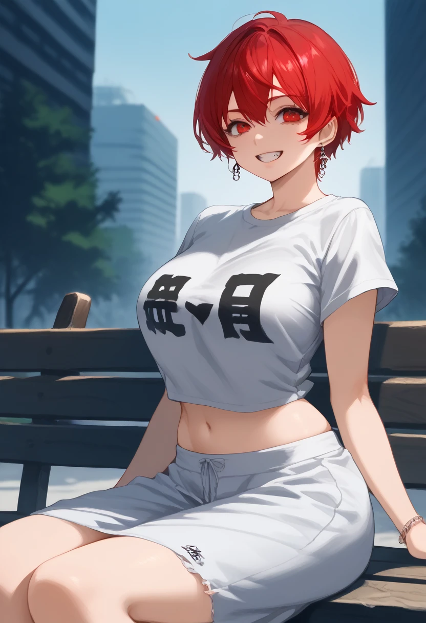 Arafed woman with red hair and piercings sitting on a bench, 4k anime style, [[[[grinning evily]]], anime badass 8 k, evil smile, crazy smile, anime wallpaper 4k, anime wallpaper 4k, anime art wallpaper 4k, anime art wallpaper 4k, detailed digital anime art, grinning lasciviously