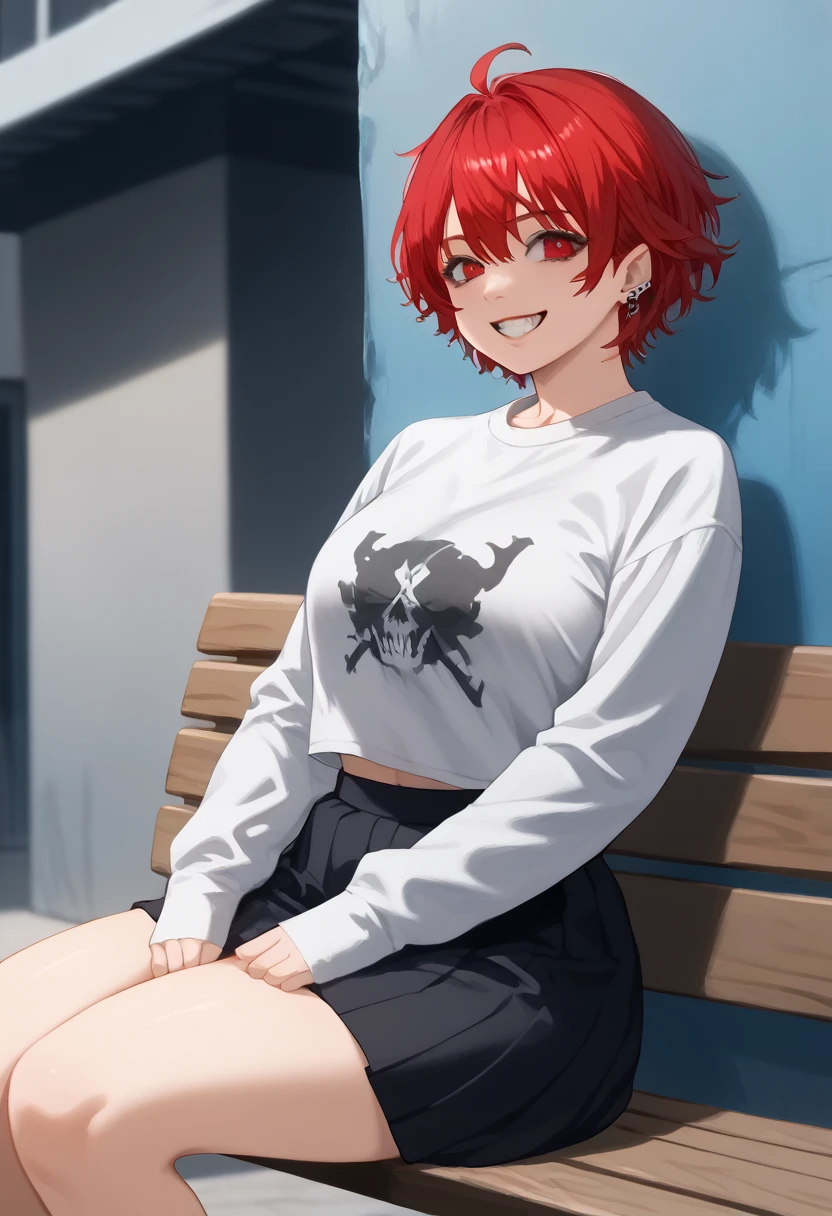 Arafed woman with red hair and piercings sitting on a bench, 4k anime style, [[[[grinning evily]]], anime badass 8 k, evil smile, crazy smile, anime wallpaper 4k, anime wallpaper 4k, anime art wallpaper 4k, anime art wallpaper 4k, detailed digital anime art, grinning lasciviously