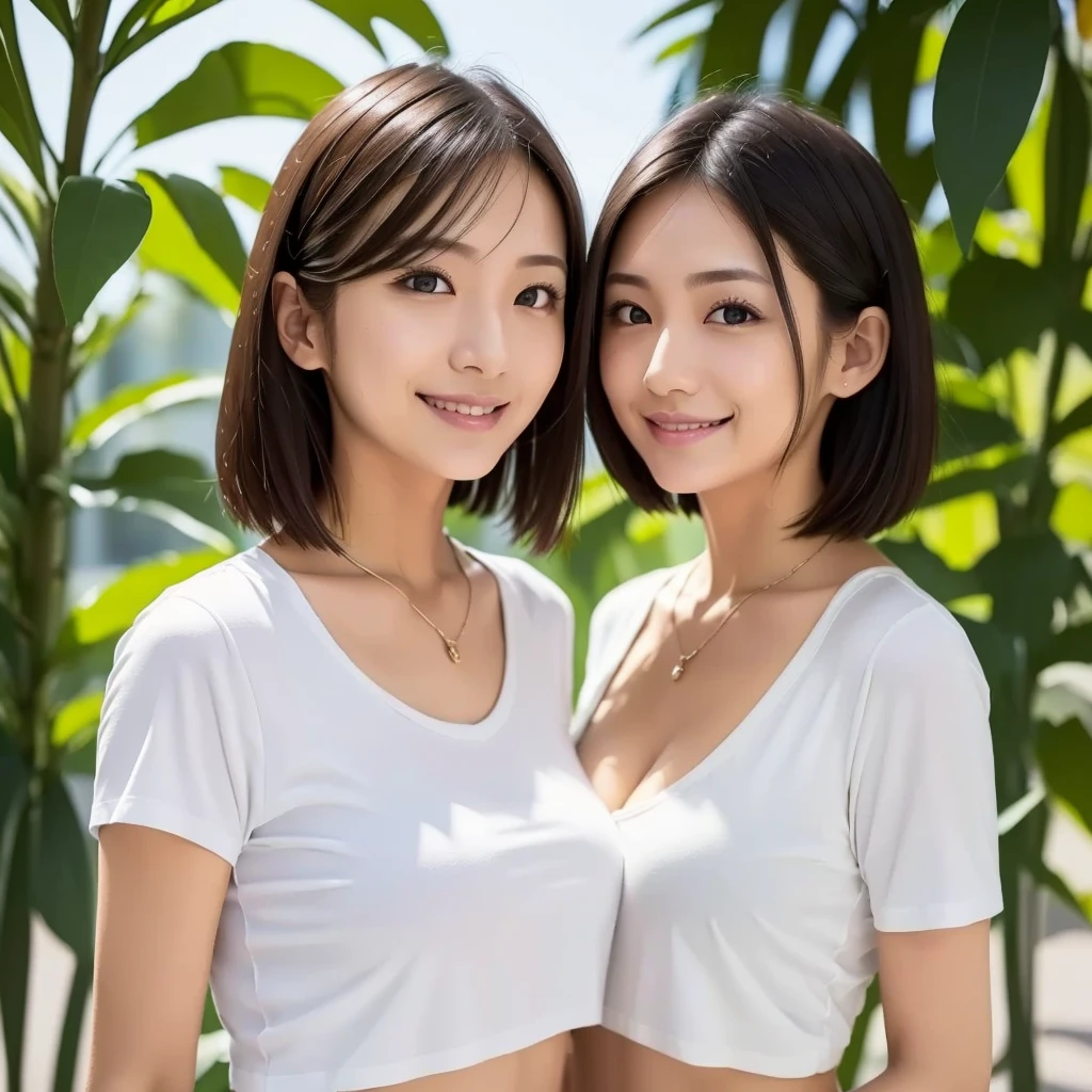 Two girls standing in a schoolyard with cherry blossoms in full bloom,bangs,A small smile,Thighs,knees,From below,Front light,10 years old,Short hair with bangs、Low Ponytail、 ((Long white silk camisole、She is naked and wearing only a white camisole, White panties))、(slim)、((Are standing、White pantiesがスカートから見えています、Lift the hem of your skirt slightly with both hands.))